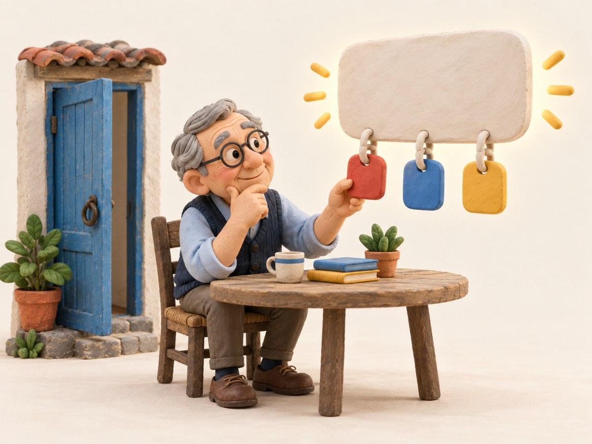 Clay illustration: an older man looks at a glowing answer card and holds a link tag, deciding whether to open it