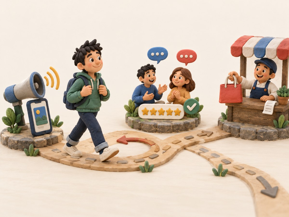 Clay illustration: a young man walks a winding path past three stops representing noticing, trusting and deciding to buy
